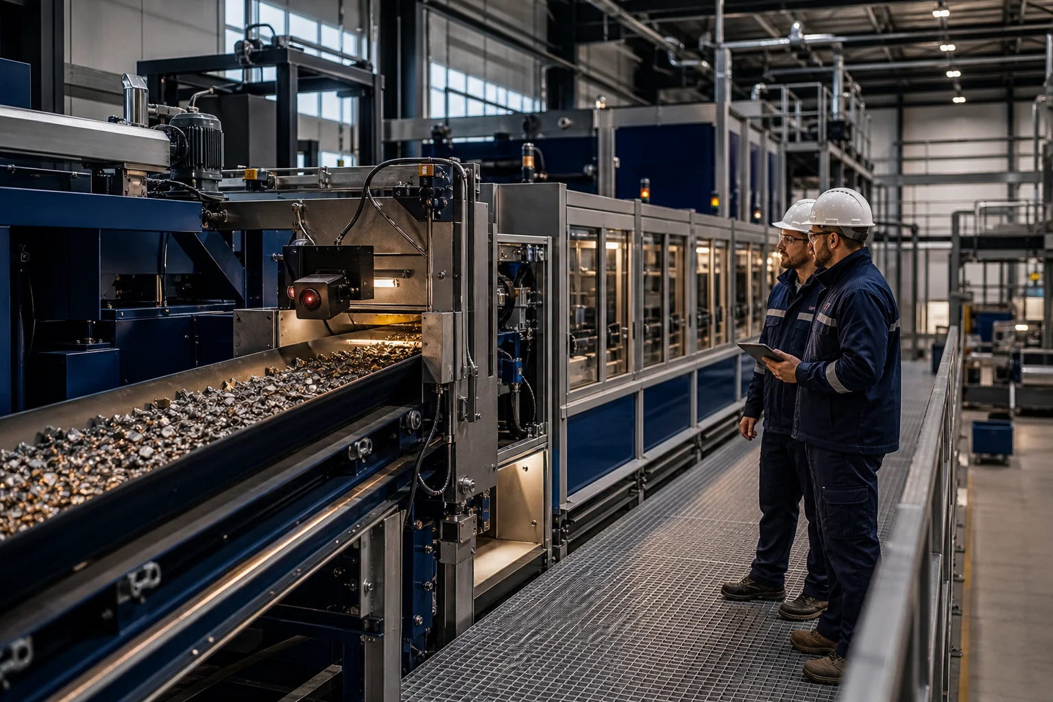 Technicians inspecting sensors and conveyors on a modular industrial metal recovery line